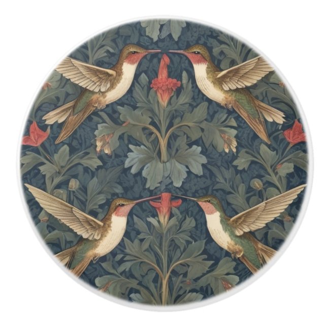 Ruby-throated hummingbirds William Morris style Ceramic Knob (Front)