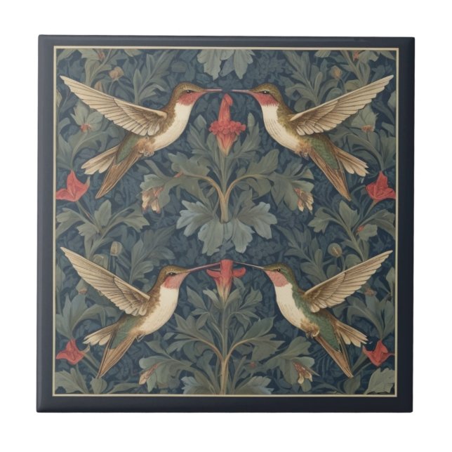 Ruby-throated hummingbirds William Morris style Tile (Front)