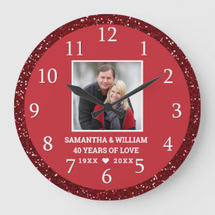 Ruby Wedding 40th Anniversary  Photo Red Glitter Large Clock