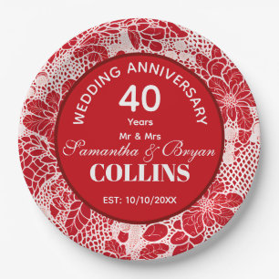 Ruby Wedding Anniversary 40 years Personalised Paper Plate