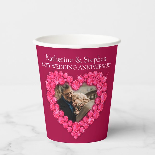 Ruby wedding anniversary custom photo date red paper cups (Front)