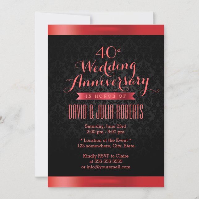 Ruby Wedding Anniversary Elegant Black Damask Invitation (Front)