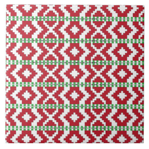 Rucava Red and green folk art geometric pattern II Tile