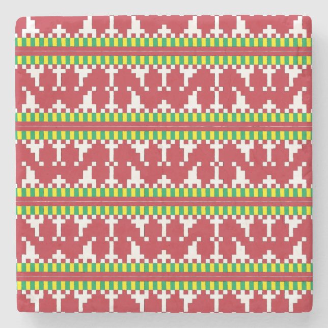 Rucava Red and white folk art geometric pattern I Stone Coaster (Front)