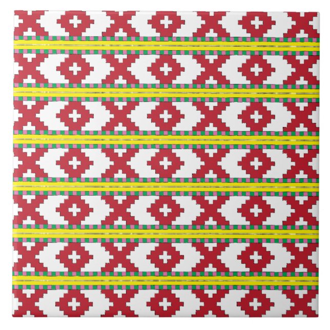 Rucava Red, yellow folk art geometric pattern III Tile (Front)