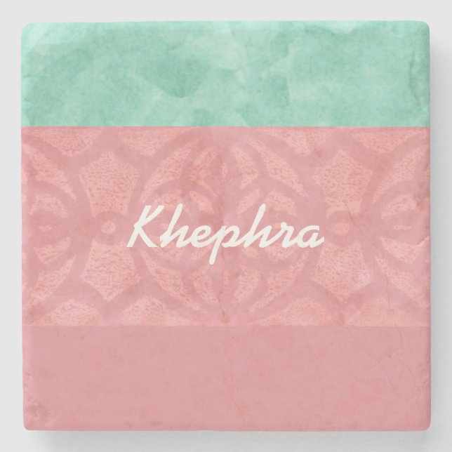 Ruddy Pink Batik And Blue Watercolor Name Stone Coaster (Front)