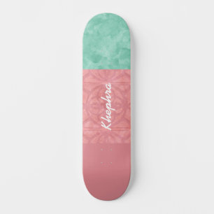 Ruddy Pink Batik and Green Watercolor Skateboard
