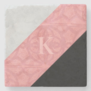 Ruddy Pink Batik And Grey Watercolor Letter Stone Coaster