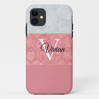Ruddy Pink Batik And Grey Watercolor Monogrammed iPhone 11 Case