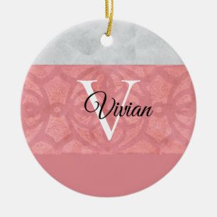 Ruddy Pink Batik And Grey Watercolor Monogrammed Ceramic Tree Decoration