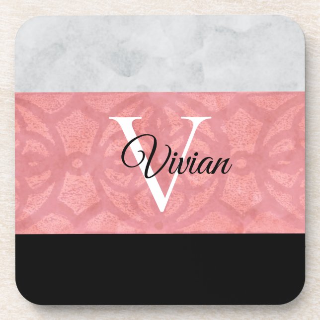Ruddy Pink Batik And Grey Watercolor Monogrammed Coaster (Front)