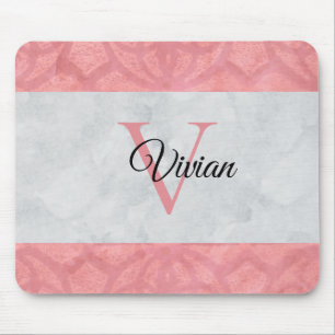 Ruddy Pink Batik And Grey Watercolor Monogrammed Mouse Mat