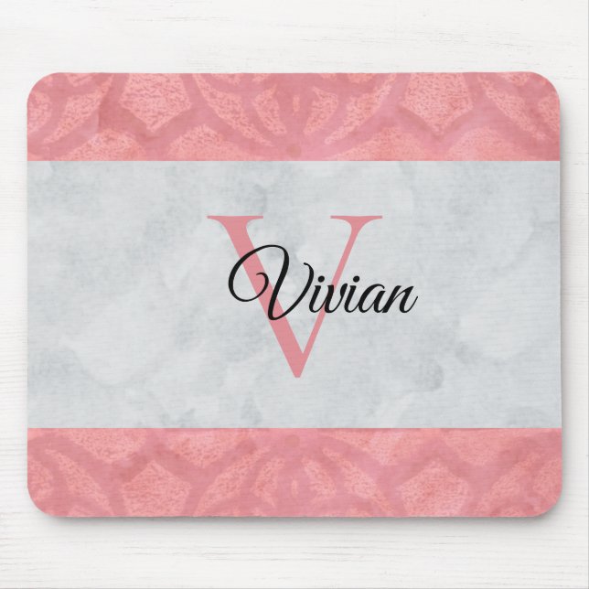 Ruddy Pink Batik And Grey Watercolor Monogrammed Mouse Mat (Front)