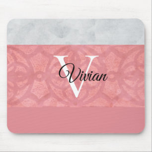 Ruddy Pink Batik And Grey Watercolor Monogrammed Mouse Mat