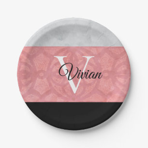 Ruddy Pink Batik And Grey Watercolor Monogrammed Paper Plate