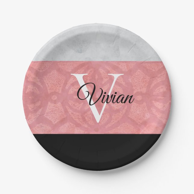 Ruddy Pink Batik And Grey Watercolor Monogrammed Paper Plate (Front)