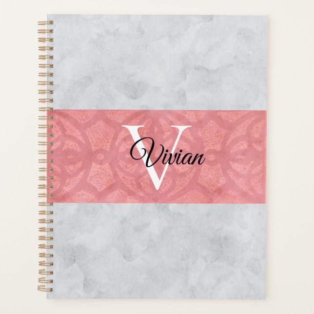 Ruddy Pink Batik And Grey Watercolor Monogrammed Planner (Front)