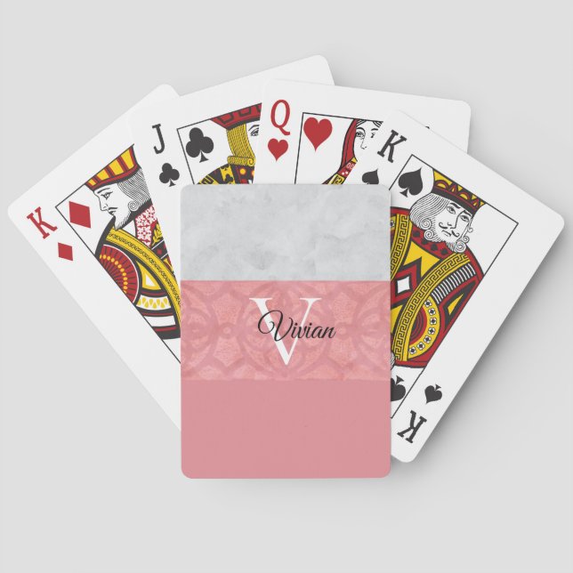 Ruddy Pink Batik And Grey Watercolor Monogrammed Playing Cards (Back)