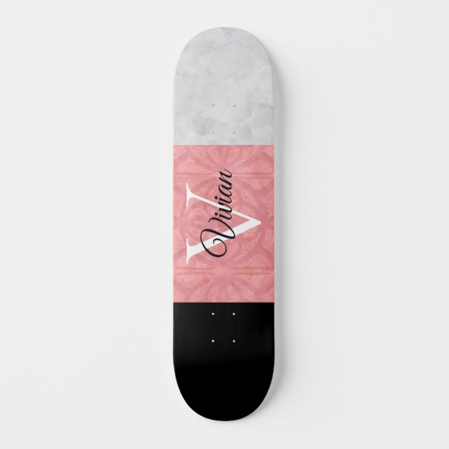 Ruddy Pink Batik And Grey Watercolor Monogrammed Skateboard (Front)