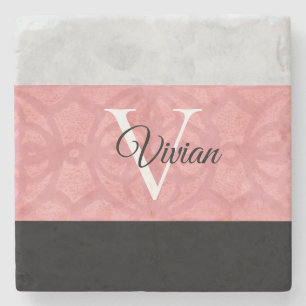Ruddy Pink Batik And Grey Watercolor Monogrammed Stone Coaster
