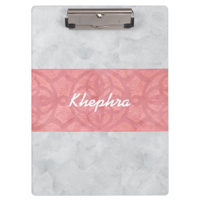 Ruddy Pink Batik Grey Watercolor Name Clipboard (Front)