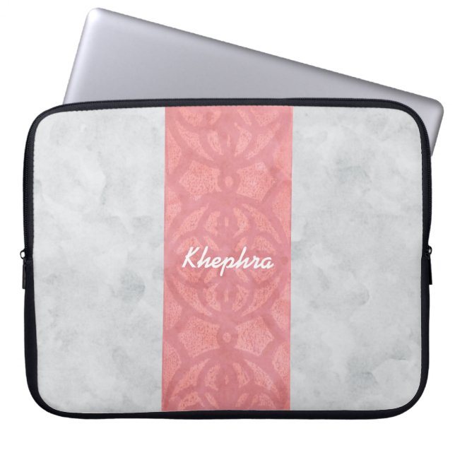 Ruddy Pink Batik Grey Watercolor Name Laptop Sleeve (Front)