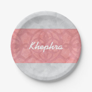 Ruddy Pink Batik Grey Watercolor Name Paper Plate