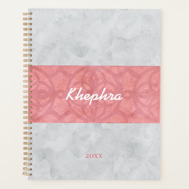 Ruddy Pink Batik Grey Watercolor Name Planner (Front)