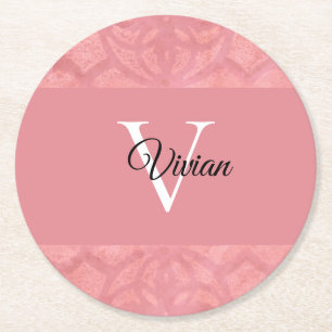 Ruddy Pink Batik Name Monogrammed Round Paper Coaster