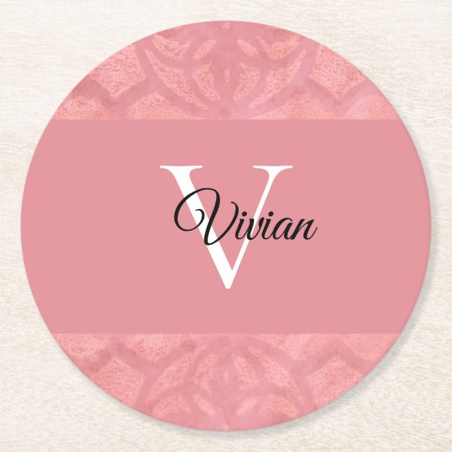 Ruddy Pink Batik Name Monogrammed Round Paper Coaster (Front)