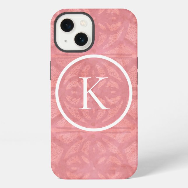 Ruddy Pink Watercolor Batik With Initial iPhone Case (Back)