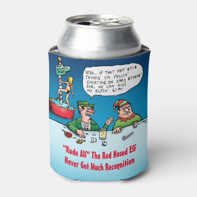 Rude Alf Funny Cartoon Elf At Bar Can Cooler (Can Front)