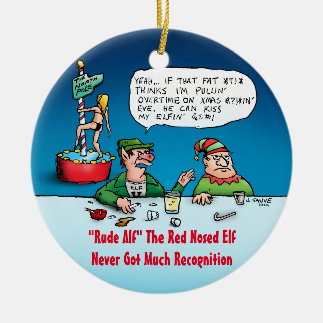 Rude Alf Funny Elf Cartoon Ceramic Tree Decoration (Front)