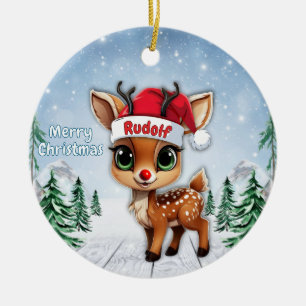 Rudolf Baby Deer Fawn, Doe, Reindeer Santa Hat🦌🎄 Ceramic Tree Decoration