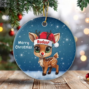Rudolf the red nosed deer Reindeer & Santa Hat🦌🎄 Ceramic Tree Decoration