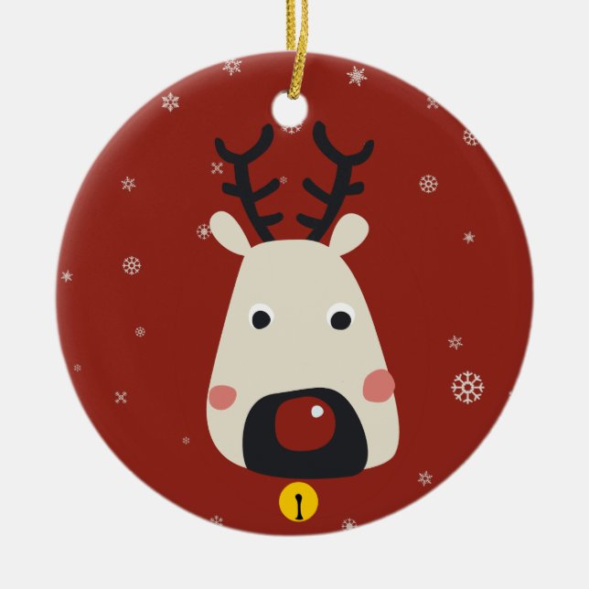 Rudolf the red-nosed reindeer red with snowflakes ceramic tree decoration (Front)