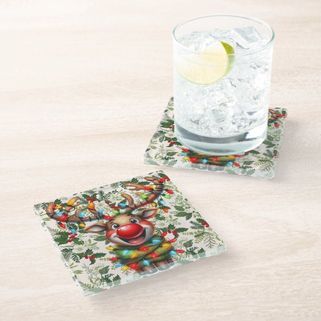 Rudolf The Reindeer  Glass Coaster (Angled)