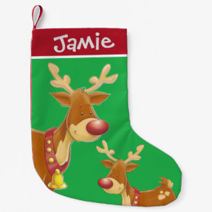 Rudolph and Baby Cute Green Personalised Small Christmas Stocking