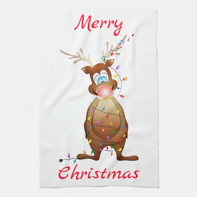 Rudolph and Christmas Lights Tea Towel (Vertical)