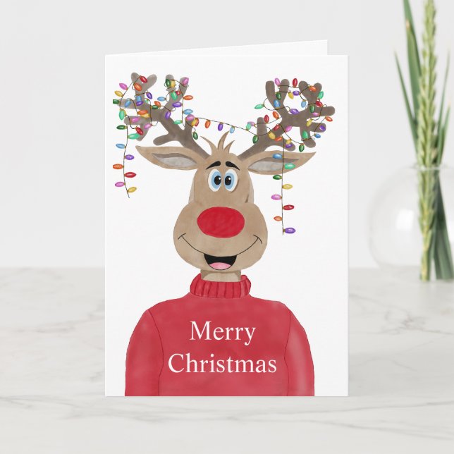 Rudolph Christmas Lights Reindeer Holiday Card (Front)