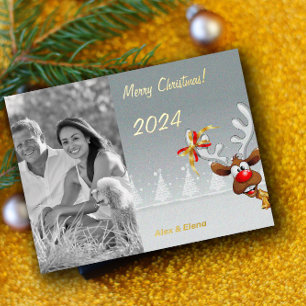 Rudolph Christmas monochrome photo Foil Holiday Postcard