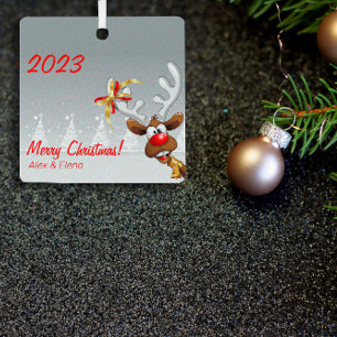 Rudolph Christmas tree snow Metal Square Ornament