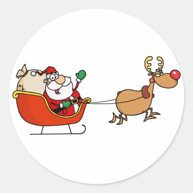 Rudolph Flying Kris Kringle In His Sleigh Classic Round Sticker (Front)