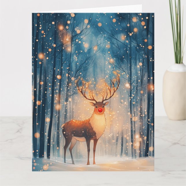 Rudolph Reindeer in Snowy Forest Christmas Card (Front)
