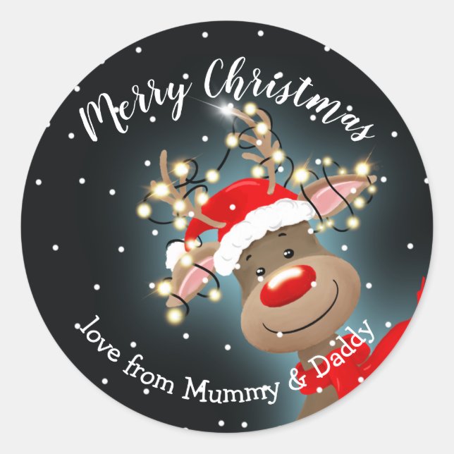 Rudolph reindeer merry christmas gift present  classic round sticker (Front)