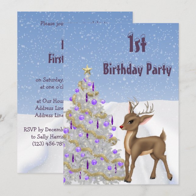 Rudolph, Snowflakes & Christmas Tree 1st Birthday Invitation (Front/Back)