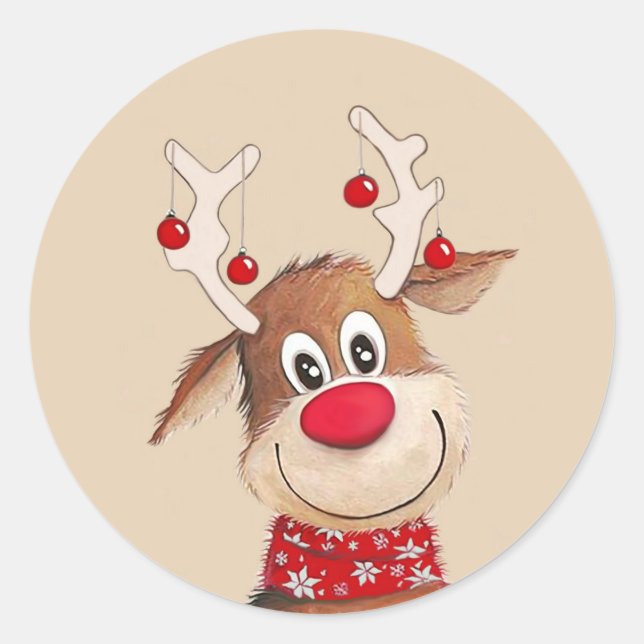 Rudolph the Reindeer Christmas Art    Classic Round Sticker (Front)
