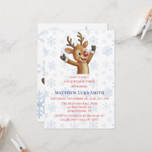 Rudolph with Blue Snowflakes Birthday Bash Invitation