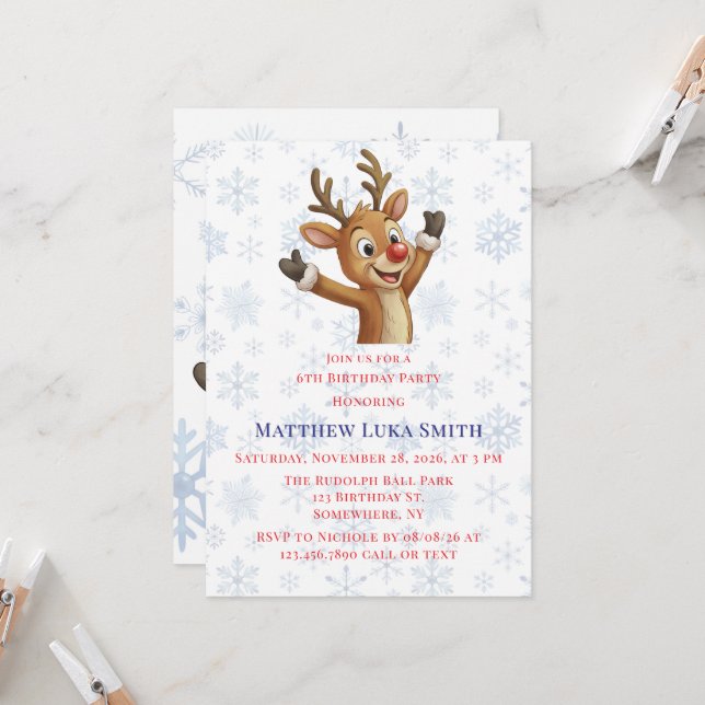 Rudolph with Blue Snowflakes Birthday Bash Invitation (Front/Back In Situ)