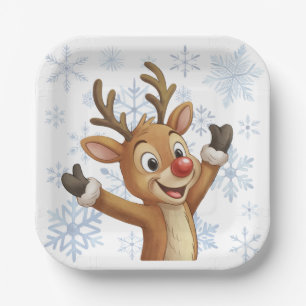 Rudolph With Blue Snowflakes Paper Plate